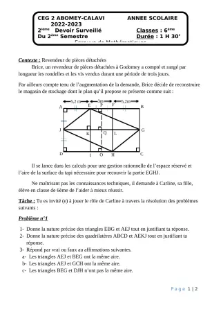 Première page de Mathématiques 6e — 2e devoir surveillé, 2e semestre (2022-2023) · CEG2 ABOMEY - CALAVI (CEG ZOCA)