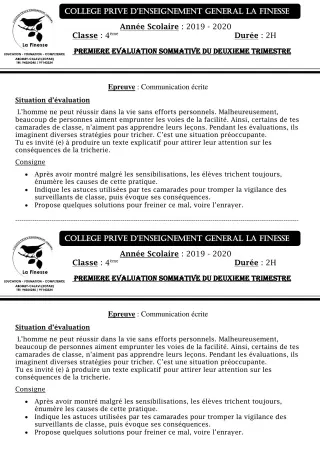 Première page de Français 4e — 1re évaluation sommative, 2e trimestre (2019-2020) · CPEG La Finesse