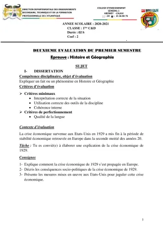 Première page de Histoire-Géographie 1ère C, 1ère D — 1er semestre (2020-2021) · CEG1 Abomey-Calavi