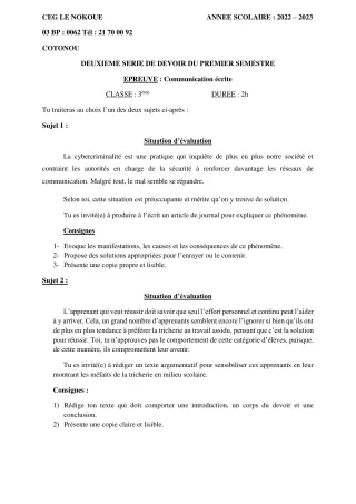 Première page de Français 3e, 3e ML — 2e devoir surveillé, 1er semestre (2022-2023) · CEG LE NOKOUE