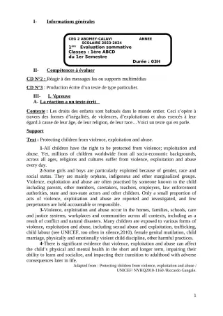 Première page de Anglais 1ère A & B — 1re évaluation sommative, 1er semestre (2023-2024) · CEG2 ABOMEY - CALAVI (CEG ZOCA)