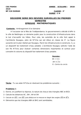 Première page de Mathématiques 3e, 3e ML — 2e devoir surveillé, 1er semestre (2018-2019) · CEG PAHOU