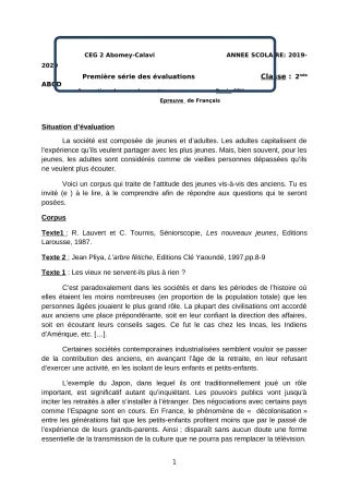 Première page de Français 2nde A & B, 2nde C, 2nde D — 1re évaluation sommative, 2e semestre (2019-2020) · CEG2 ABOMEY - CALAVI (CEG ZOCA)
