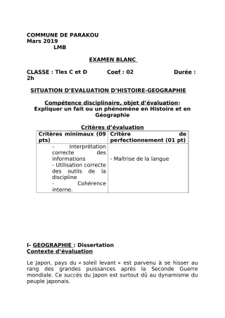 Première page de Devoir surveillé de HIST-GEO — Tle C, Tle D — LMB (2018)
