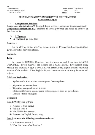 Première page de Anglais 4e, 4e ML, 2nde A, 2nde A & B, 2nde A1, 2nde A2, 2nde B, 2nde C, 2nde D, Tle A1, Tle A2, Tle B, Tle C, Tle D — 2e évaluation sommative, 1er semestre (2019-2020) · CEG HOUETO