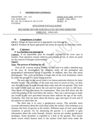 Première page de Anglais 2nde A2, 2nde B, 2nde C, 2nde D — 2e devoir surveillé, 2e semestre (2019-2020) · CEG FIYEGNON
