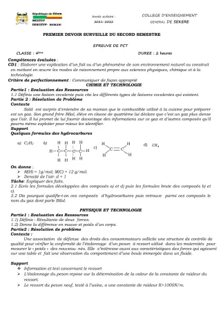 Première page de PCT 4e — 1er devoir surveillé, 2e semestre (2021-2022) · CEG SEKERE