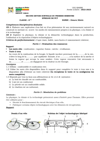 Première page de PCT 6e — 2e devoir surveillé, 1er semestre (2022-2023) · CEG SEKERE