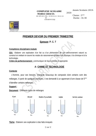 Première page de PCT 5e — 1er devoir surveillé, 1er trimestre (2019-2020) · CPEG MARIA GRACIA