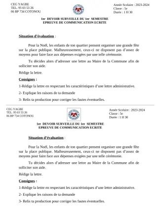 Première page de Français 5e — 1er devoir surveillé, 1er semestre (2023-2024) · CEG Yagbe