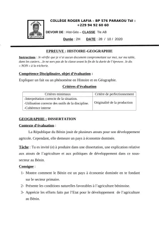 Première page de Histoire-Géographie Tle A1, Tle A2, Tle B — Devoir surveillé (2020-2021) · CPEG Roger LAFIA
