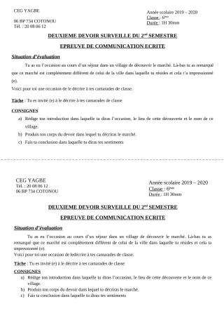 Première page de Français 6e — 2e devoir surveillé, 2e semestre (2019-2020) · CEG Yagbe