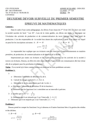 Première page de Mathématiques 2nde C, 2nde D — 2e devoir surveillé, 1er semestre (2020-2021) · CEG FIYEGNON