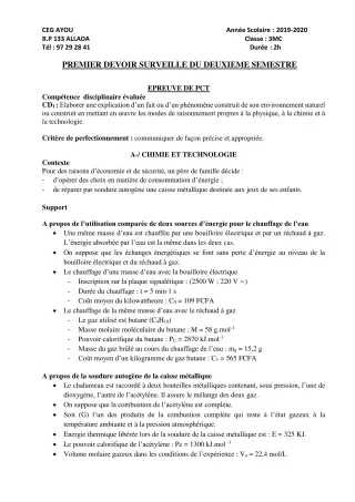 Première page de PCT 3e — 1er devoir surveillé, 2e semestre (2019-2020) · CEG AYOU