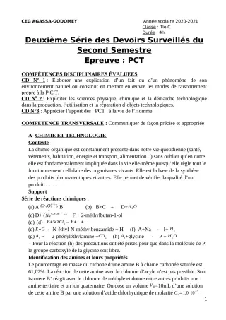 Première page de PCT Tle C, Tle D — 2e devoir surveillé, 2e semestre (2020-2021) · CEG Agassa Godomey