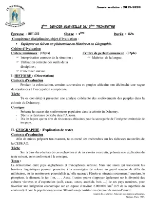 Première page de Histoire-Géographie 3e, 3e ML — 2e devoir surveillé, 3e trimestre (2019-2020) · CPEG ROSAIRE