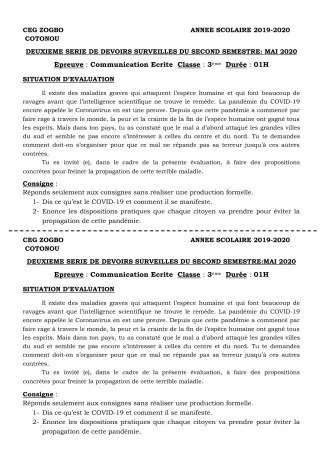 Première page de Français 3e, 3e ML — 2e devoir surveillé, 2e semestre (2019-2020) · CEG ZOGBO