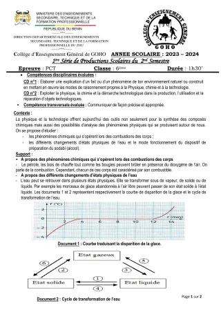 Première page de PCT 6e — 1re production scolaire, 2e semestre (2023-2024) · CEG GOHO