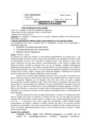 Première page de Espagnol Tle A1, Tle A2 — Devoir surveillé, 2e semestre (2018-2019) · CEG OKEDAMA