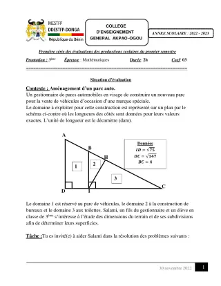 Première page de Mathématiques 3e — Production scolaire, 1er semestre (2022-2023) · CEG Akpao-Ogou
