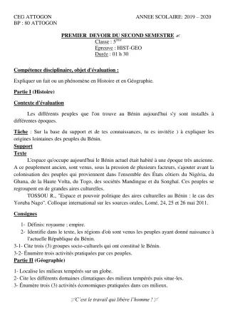Première page de Histoire-Géographie 5e — 1er devoir surveillé, 2e semestre (2019-2020) · CEG Attogon