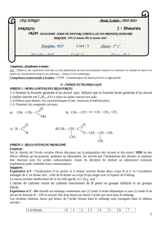 Première page de PCT 1ère C — 2e devoir surveillé, 1er semestre (2022-2023) · CEG ZONGO