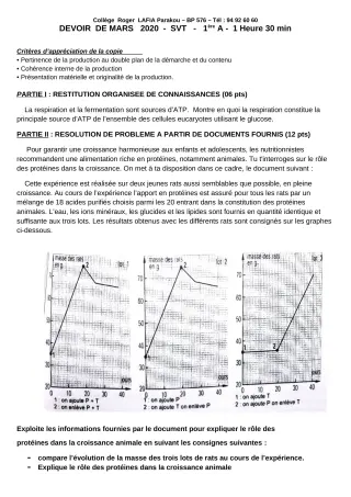 Première page de SVT 1ère A1, 1ère A2, 1ère B — Devoir surveillé (2019-2020) · CPEG Roger LAFIA