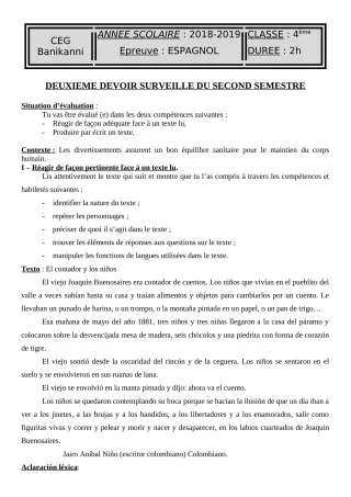 Première page de Espagnol 4e ML, 3e ML, 2nde A2, 2nde B, 1ère A2, 1ère B, Tle A & B, Tle A2 — 2e devoir surveillé, 2e semestre (2018-2019) · CEG Banikanni