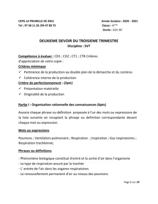 Première page de SVT 6e, 5e, 4e, 3e, 3e ML, 2nde B, 2nde D — 2e devoir surveillé, 3e trimestre (2020-2021) · CEPG La Prunelle de Dieu