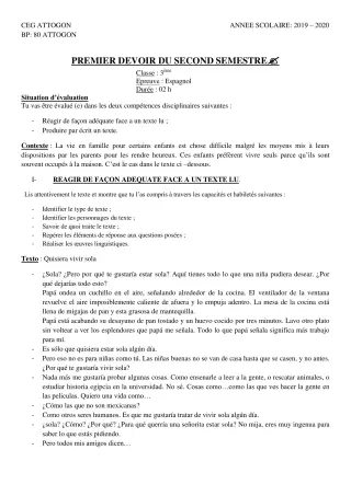 Première page de Espagnol 3e ML — 1er devoir surveillé, 2e semestre (2019-2020) · CEG Attogon
