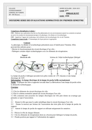 Première page de PCT 6e, 5e, 4e, 3e, 2nde C, 2nde D, 1ère C, 1ère D, Tle C, Tle D — 2e évaluation sommative, 1er semestre (2020-2021) · CEG Tankpè