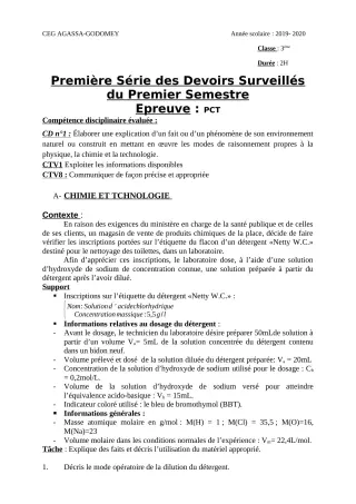 Première page de PCT 3e — 1er devoir surveillé, 1er semestre (2019-2020) · CEG Agassa Godomey