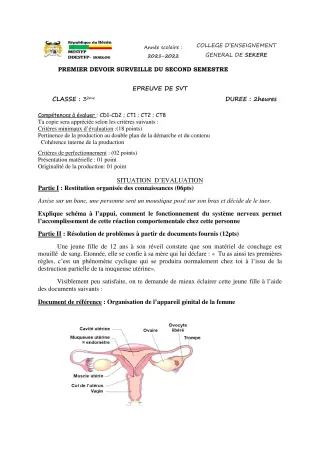 Première page de SVT 3e — 1er devoir surveillé, 2e semestre (2021-2022) · CEG SEKERE