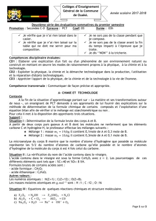 Première page de PCT 2nde D — 2e évaluation sommative, 1er semestre (2017-2018) · CEG C.P de Dompago
