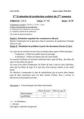 Première page de SVT 1ère A2 — 1re production scolaire, 2e semestre (2018-2019) · CEG Agon