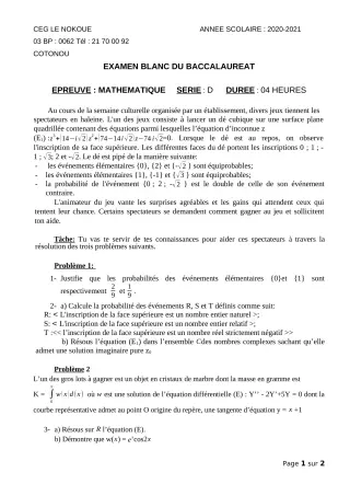 Première page de Examen Blanc de MATHS GENE — Tle D — CEG LE NOKOUE (2020)