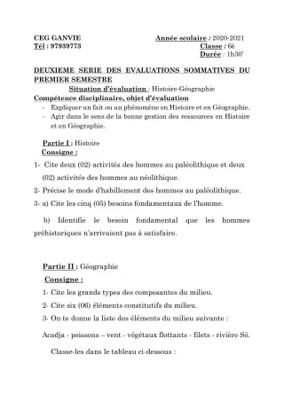Première page de Histoire-Géographie 6e — 2e évaluation sommative, 1er semestre (2020-2021) · CEG Ganvié