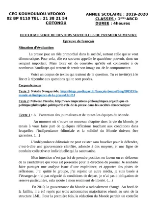 Première page de Français 1ère A1, 1ère A2, 1ère B, 1ère C, 1ère D — 2e devoir surveillé, 1er semestre (2019-2020) · CEG Kouhounou-Vêdoko