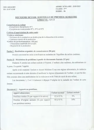 Première page de SVT 3e, 3e ML — 2e devoir surveillé, 1er semestre (2018-2019) · CEG ADJAGBO