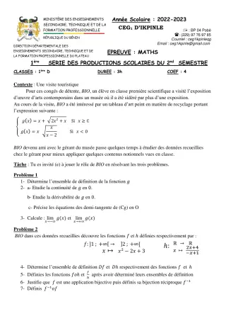 Première page de Mathématiques 1ère D — Production scolaire, 2e semestre (2022-2023) · CEG1 Ikpinlè