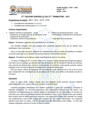 Première page de SVT 5e — 2e devoir surveillé, 2e trimestre (2019-2020) · CPEG LE PHARAON