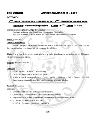 Première page de Mathématiques 6e — 1er devoir surveillé, 2e semestre (2018-2019) · CEG ZOGBO