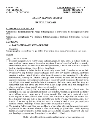 Première page de Examen Blanc de ANGLAIS — Tle B — CEG du Lac (2020)