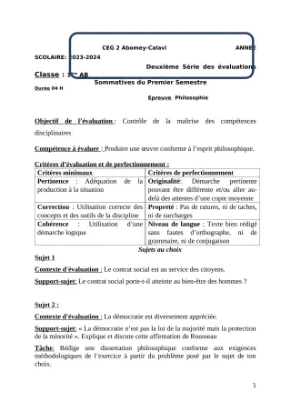 Première page de Philosophie 1ère A & B — 2e évaluation sommative, 1er semestre (2023-2024) · CEG2 ABOMEY - CALAVI (CEG ZOCA)