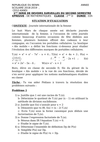 Première page de Mathématiques 2nde D — 1er devoir surveillé, 2e semestre (2018-2019) · CEG 2 KANDI