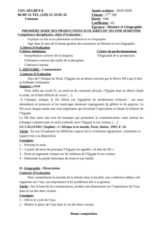 Première page de Histoire-Géographie 2nde A & B — 1re production scolaire, 2e semestre (2019-2020) · CEG SEGBEYA