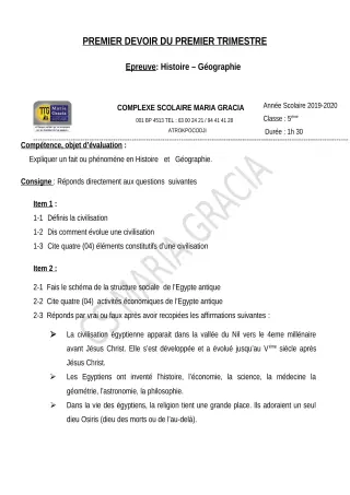 Première page de Histoire-Géographie 5e — 1er devoir surveillé, 1er trimestre (2019-2020) · CPEG MARIA GRACIA