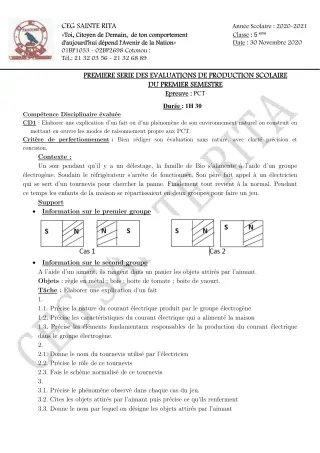 Première page de PCT 5e — Production scolaire, 1er semestre (2020-2021) · CEG Sainte Rita