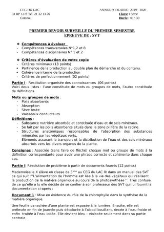 Première page de SVT 5e — 1er devoir surveillé, 1er semestre (2019-2020) · CEG du Lac