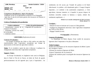 Première page de Histoire-Géographie 3e, 3e ML — 1er devoir surveillé, 1er semestre (2020-2021) · LMB